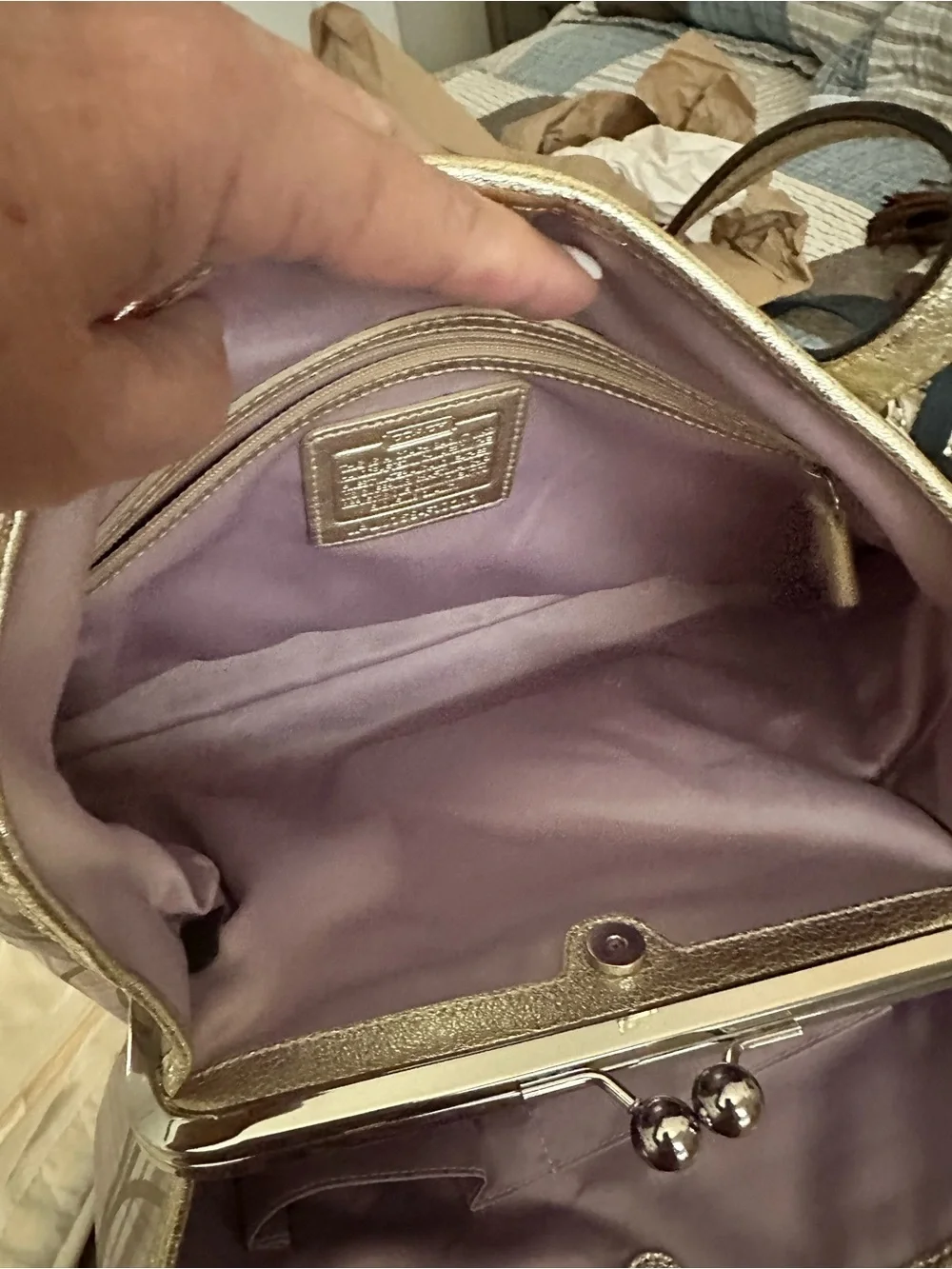Coach Lavender Plaid Tote with Metallic Gold Trim